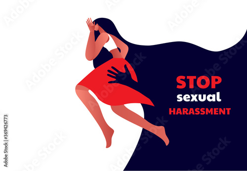 Stop Sexual Harassment vector illustration. Frightened Girl suffering from aggressive behavior. Rape victim. Me too teg.