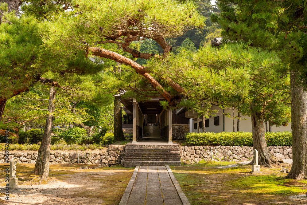 Entrance of cloister to the main building of Yotaku-ji temple in Sanda city, Hyogo, Japan
