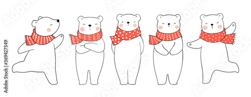 Draw set polar bear with red scarf for Christmas and New year.