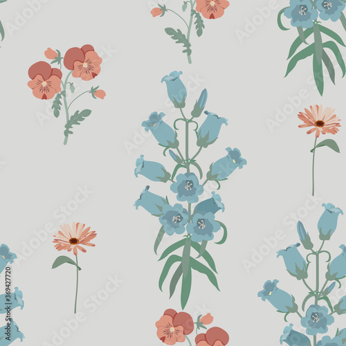 Seamless vector illustration with calendula,pansies and campanula