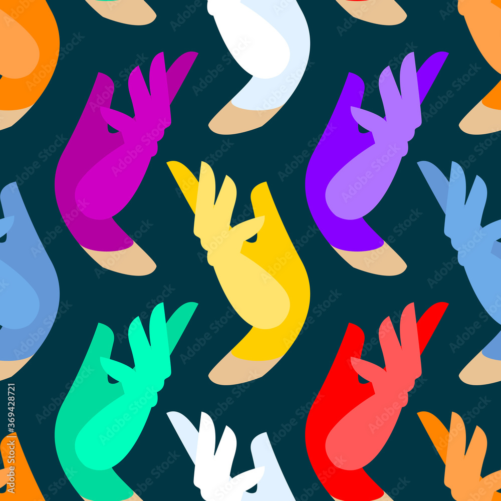Fototapeta premium Vector flat colorful hands for backgrounds, clothes, accessories. Seamless pattern with colored gloves on elegant hand on dark background.