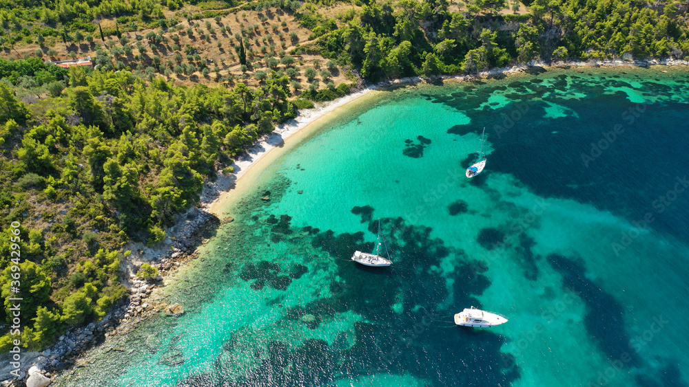 Aerial drone panoramic photo of paradise beach of Tzortzi gialos with crystal clear turquoise sea, Alonissos island, Sporades, Greece 