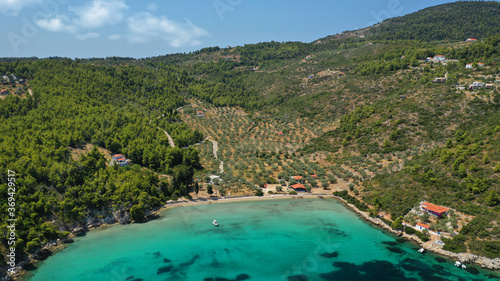 Aerial drone panoramic photo of paradise beach of Tzortzi gialos with crystal clear turquoise sea, Alonissos island, Sporades, Greece 
