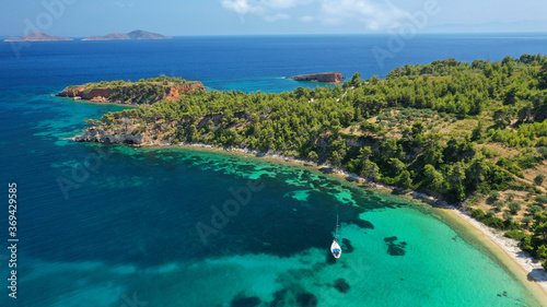 Fototapeta Naklejka Na Ścianę i Meble -  Aerial drone panoramic photo of paradise beaches in Kokinokastro with crystal clear turquoise sea, Alonissos island, Sporades, Greece 