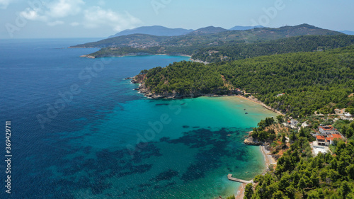 Aerial drone photo of Chrysi Milia sandy beach with crystal clear turquoise sea, Alonissos island, Sporades, Greece  © aerial-drone