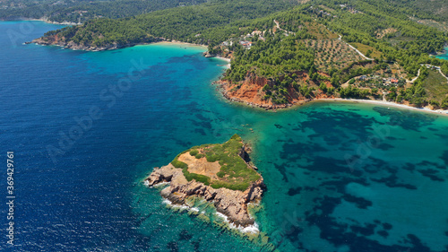 Aerial drone panoramic photo of paradise beaches in Kokinokastro with crystal clear turquoise sea, Alonissos island, Sporades, Greece © aerial-drone