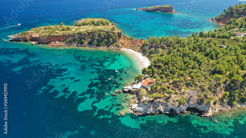 Aerial drone panoramic photo of paradise beaches in Kokinokastro with crystal clear turquoise sea, Alonissos island, Sporades, Greece 