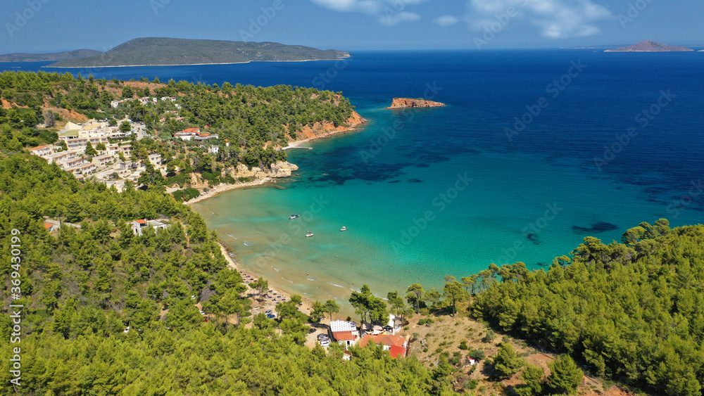 Aerial drone photo of Chrysi Milia sandy beach with crystal clear turquoise sea, Alonissos island, Sporades, Greece 