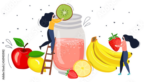 detox smoothie with fruits. little people make a healthy cocktail. vector illustration in flat and hand style