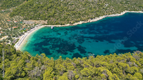 Fototapeta Naklejka Na Ścianę i Meble -  Aerial drone photo of exotic paradise sandy bay and beach of Leftos Gialos in island of Alonissos, Sporades, Greece