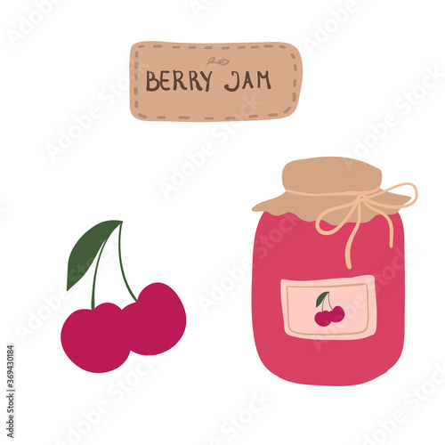 Fruit jam glass jar vector hand drawing. Jell and marmalad cherry. Food illustration. Sketch vintage objects for label, icon, packaging. photo