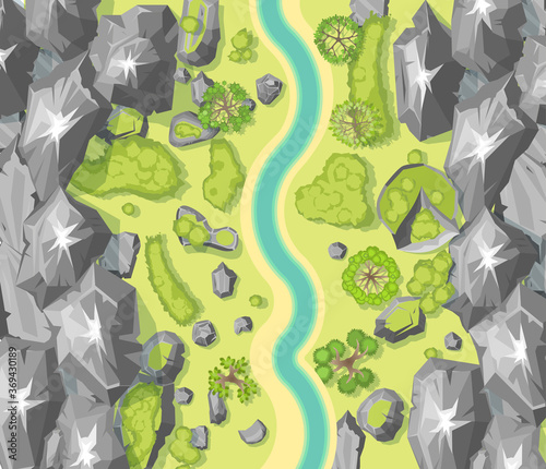 Landscape. (Top view)
Mountains, river, trees. (View from above)