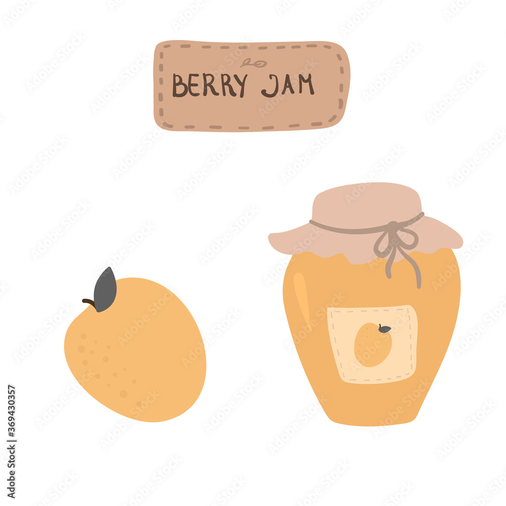 Fruit jam glass jar vector hand drawing. Jell and marmalad apricot. Food illustration. Sketch vintage objects for label, icon, packaging.