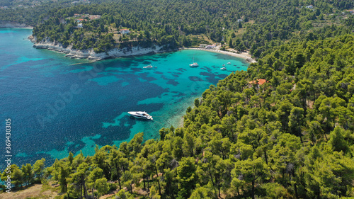 Fototapeta Naklejka Na Ścianę i Meble -  Aerial drone photo of Chrysi Milia sandy beach with crystal clear turquoise sea, Alonissos island, Sporades, Greece 