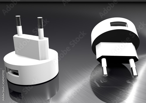 A brand new couple white plugs with usb connectors for charging cell phones lie on titan textured background with reflection on it