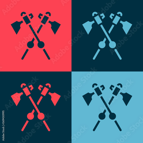 Pop art Crossed medieval axes icon isolated on color background. Battle axe, executioner axe. Medieval weapon. Vector.
