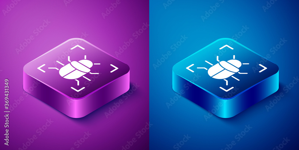Isometric System bug concept icon isolated on blue and purple background. Code bug concept. Bug in the system. Bug searching. Square button. Vector. Isometric System bug concept icon isolated on blue and purple background. Code bug concept. Bug in the system. Bug searching. Square button. Vector.
