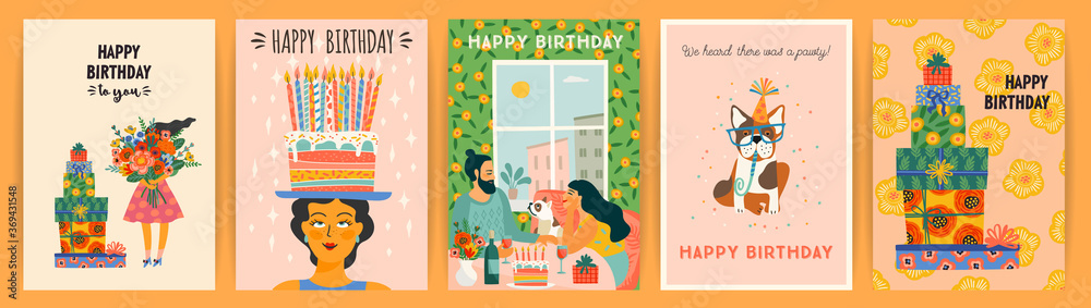 Happy Birthday. Vector set of cute illustrations. Design templates
