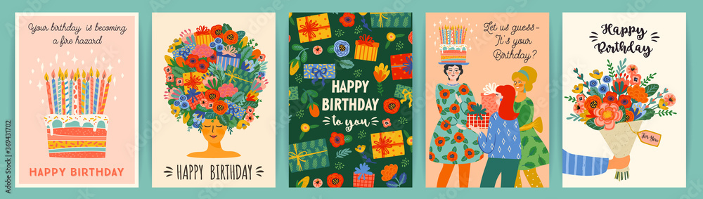 Happy Birthday. Vector set of cute illustrations. Design templates