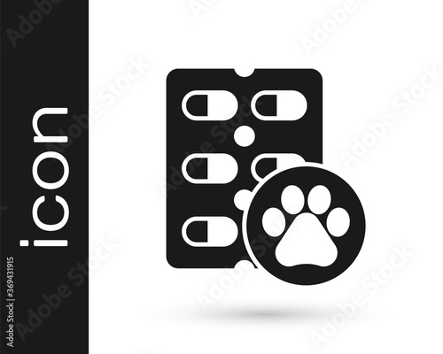 Grey Dog pill icon isolated on white background. Prescription medicine for animal. Vector.