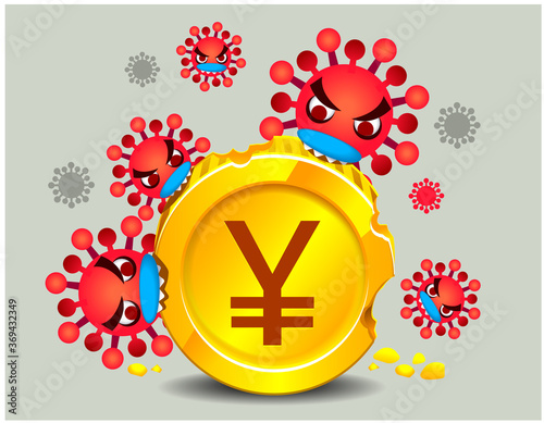 Vector illustration of Corona virus characters eating, biting, on a golden coin that has Yen currency symbol, economic downturn