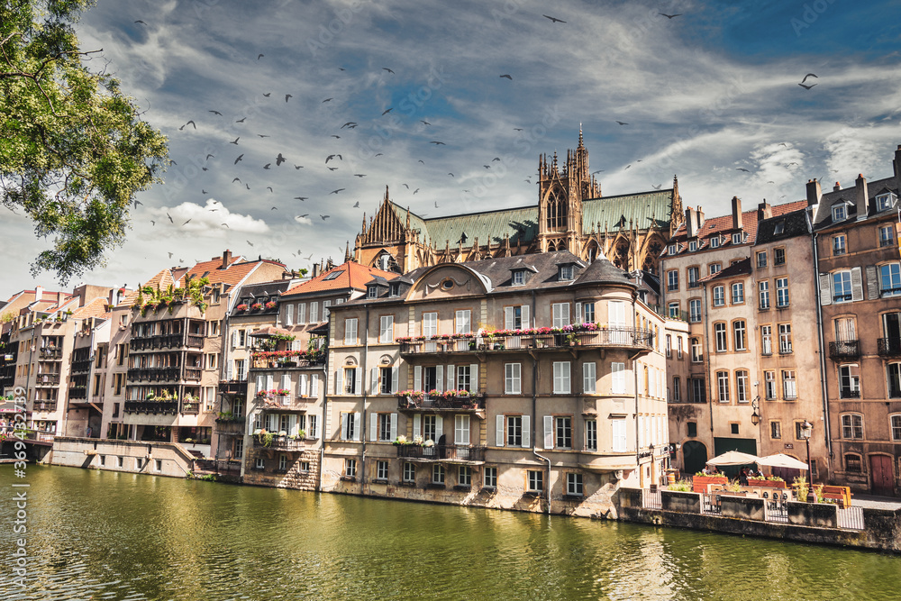 Metz, view on the riverside with beautiful old buildings