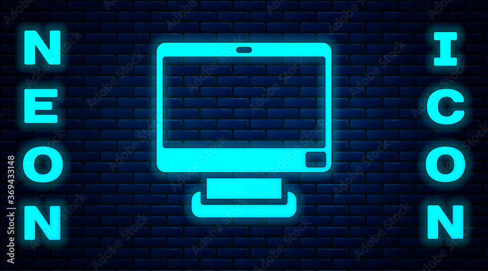 Glowing neon Computer monitor screen icon isolated on brick wall background. Electronic device. Front view. Vector.
