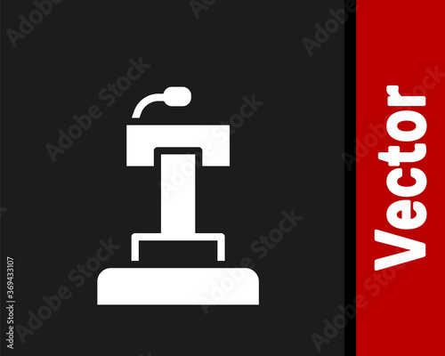 White Stage stand or debate podium rostrum icon isolated on black background. Conference speech tribune. Vector. © Kostiantyn