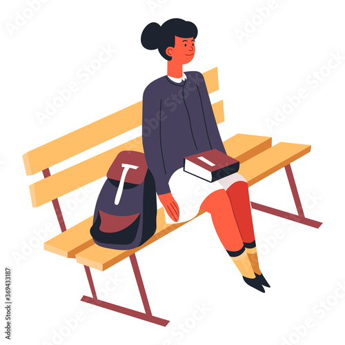 Female character sitting on bench with rucksack and books