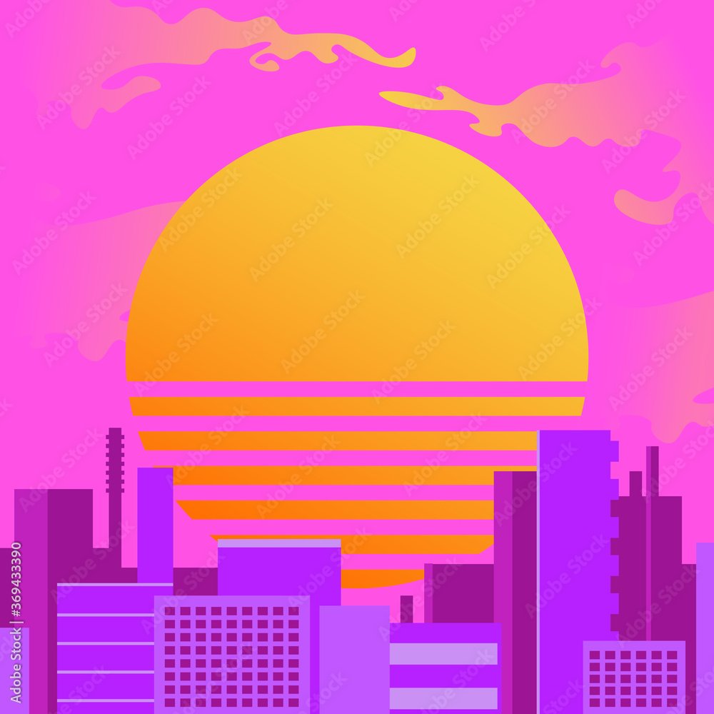 City at sunset in retrowave style
