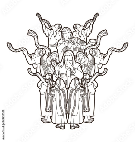 Group of Jewish blowing the shofar horn cartoon graphic vector.