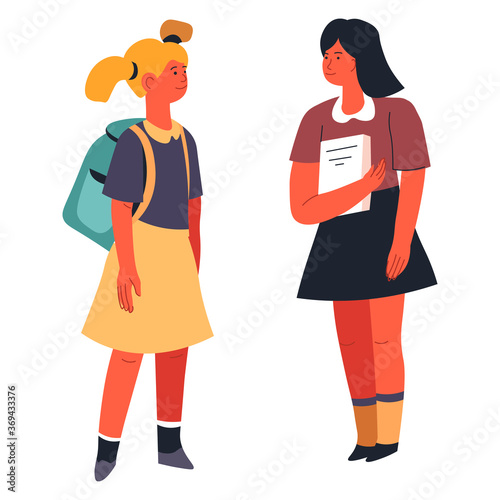 School girls having chat, talking classmates friends vector