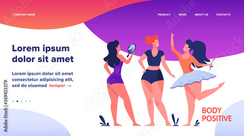 Happy girls admiring their bodies flat vector illustration. Body positive female characters smiling each other. Active women with plus size figures. Different beauty, fashion and healthy lifestyle
