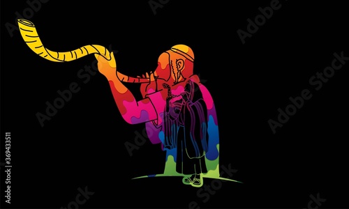 Group of Jewish blowing the shofar horn cartoon graphic vector.