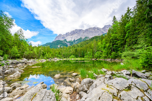 Frillensee Lake with Zugspitze mountain. Beautiful landscape scenery at Eibsee Lake in German Alps, Bavaria, Germany, Europe.