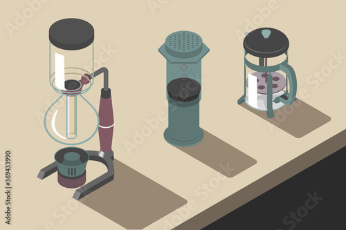 Slow Bar Coffee Alternative Brewing Methods Icons Isometric Vector Illustration. Isolated objects. Fully editable. Pour-over, mokapot, chemex, french press, aeropress, syphon.