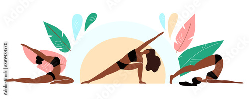 Female yoga group doing yoga in the studio. Fitness, sport and healthy lifestyle concept, practicing yoga, workout, health cartoon flat vector illustration
