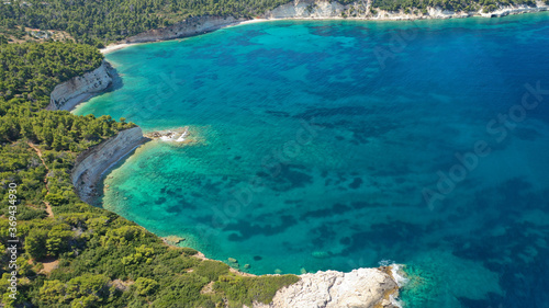 Aerial drone panoramic photo of secluded paradise beach and bay of Spartines with crystal clear turquoise sea, Alonissos island, Sporades, Greece © aerial-drone