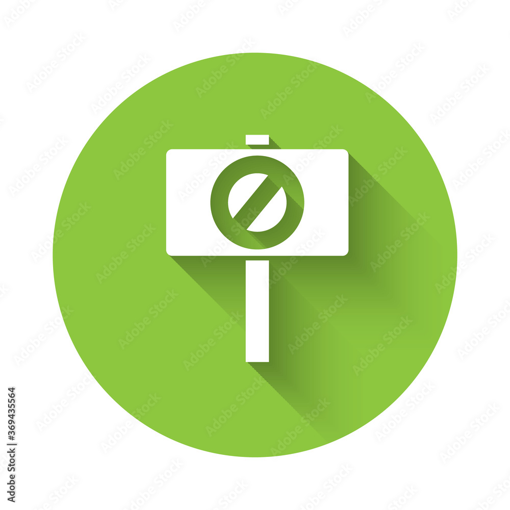 White Protest icon isolated with long shadow. Meeting, protester, picket, speech, banner, protest placard, petition, leader, leaflet Green circle button Vector illustration White Protest icon isolated with long shadow. Meeting, protester, picket, speech, banner, protest placard, petition, leader, leaflet Green circle button Vector illustration