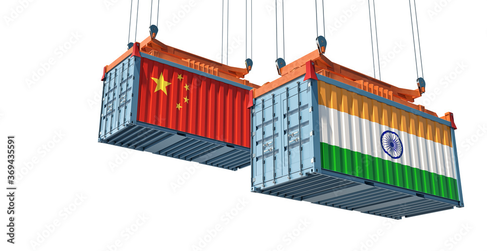 Freight containers with India and China flag. 3D Rendering 
