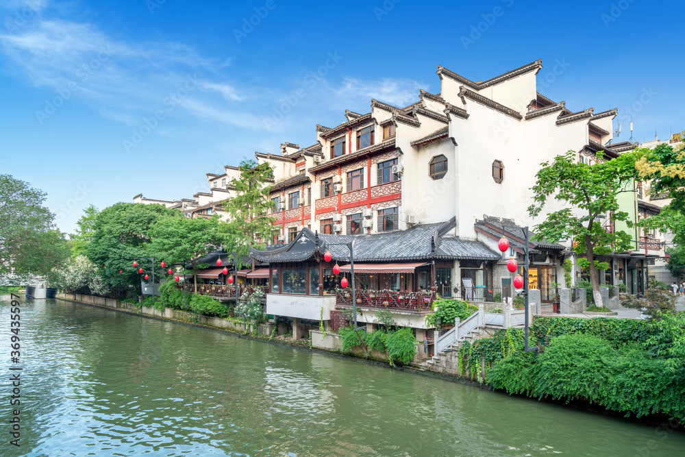 Nanjing Confucius Temple scenic region and Qinhuai River. People are visiting. Located in Nanjing City, Jiangsu Province, China.