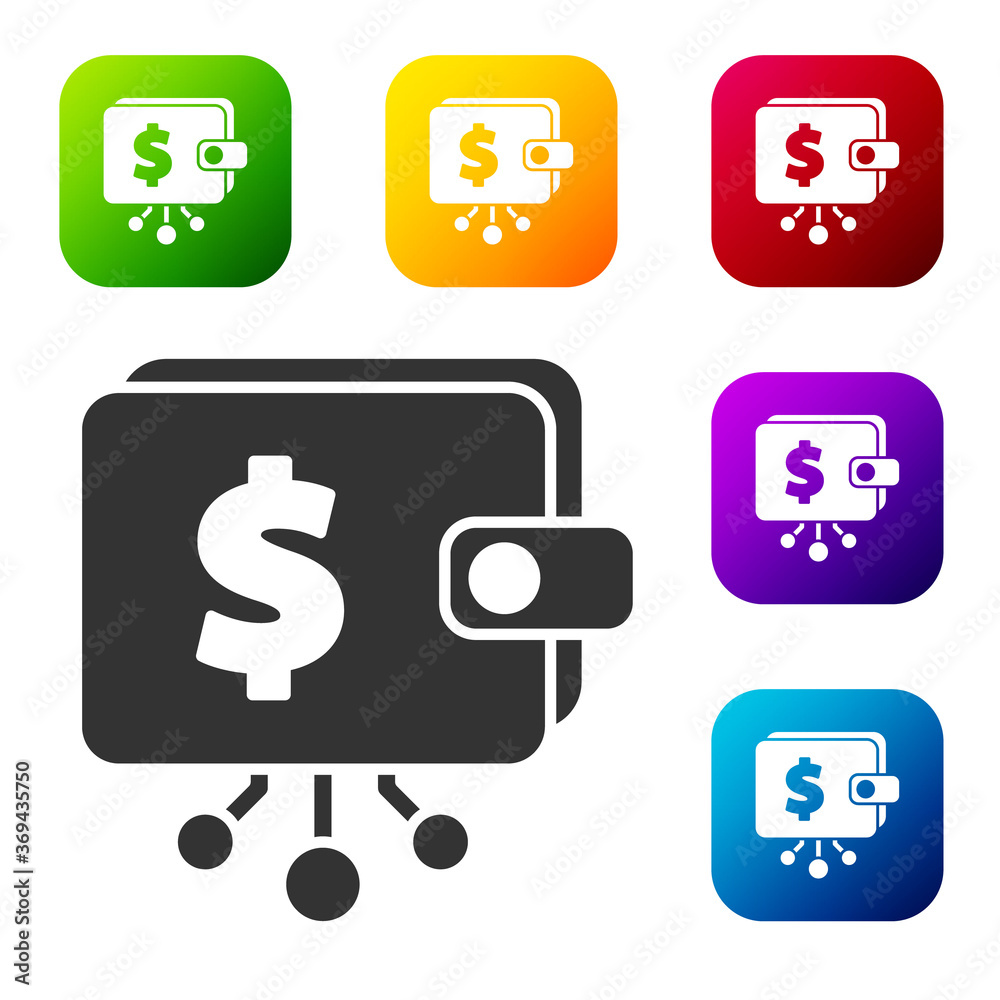 Black Cryptocurrency wallet icon isolated on white background. Wallet and bitcoin sign. Mining concept. Money, payment, cash, pay icon. Set icons in color square buttons. Vector. Black Cryptocurrency wallet icon isolated on white background. Wallet and bitcoin sign. Mining concept. Money, payment, cash, pay icon. Set icons in color square buttons. Vector.