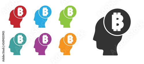 Black Bitcoin think icon isolated on white background. Cryptocurrency head. Blockchain technology, digital money market, cryptocoin wallet. Set icons colorful. Vector.