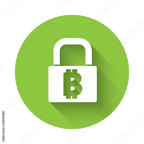 White Lock with bitcoin icon isolated with long shadow. Cryptocurrency mining, blockchain technology, security, protect, digital money. Green circle button. Vector.