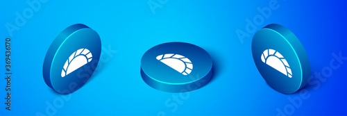 Isometric Dumpling icon isolated on blue background. Traditional chinese dish. Blue circle button. Vector.