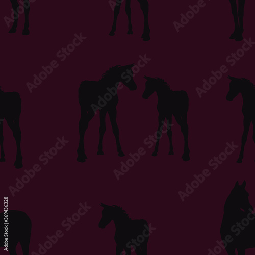 seamless background of figures of Arabian horses, a Mare with a foal and a stallion on a colored background