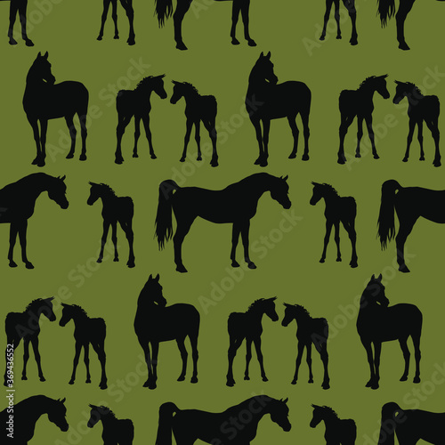 seamless background of figures of Arabian horses, a Mare with a foal and a stallion on a colored background