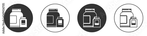 Black Sports nutrition bodybuilding proteine power drink and food icon isolated on white background. Circle button. Vector.