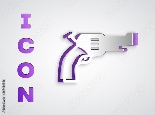 Paper cut Revolver gun icon isolated on grey background. Paper art style. Vector.