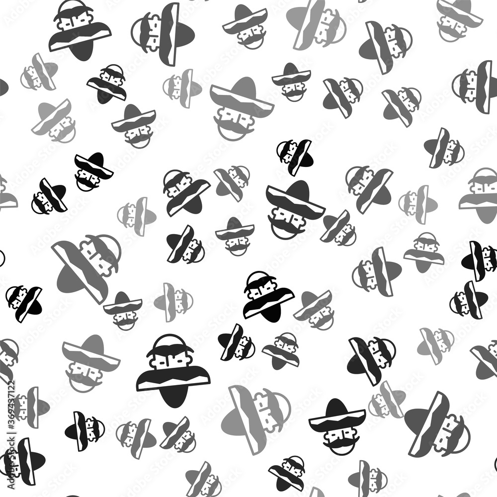 Black Mexican man wearing sombrero icon isolated seamless pattern on white background. Hispanic man with a mustache. Vector.